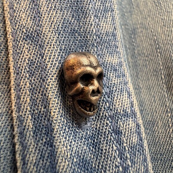 Denim Button-Up Shirt Skull Rose Pocket Design Mens Large Skull Buttons Vintage - Picture 4 of 8